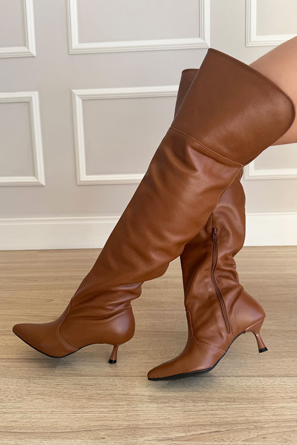 Bota de Couro Legítimo Over The Knee Kayla Caramelo