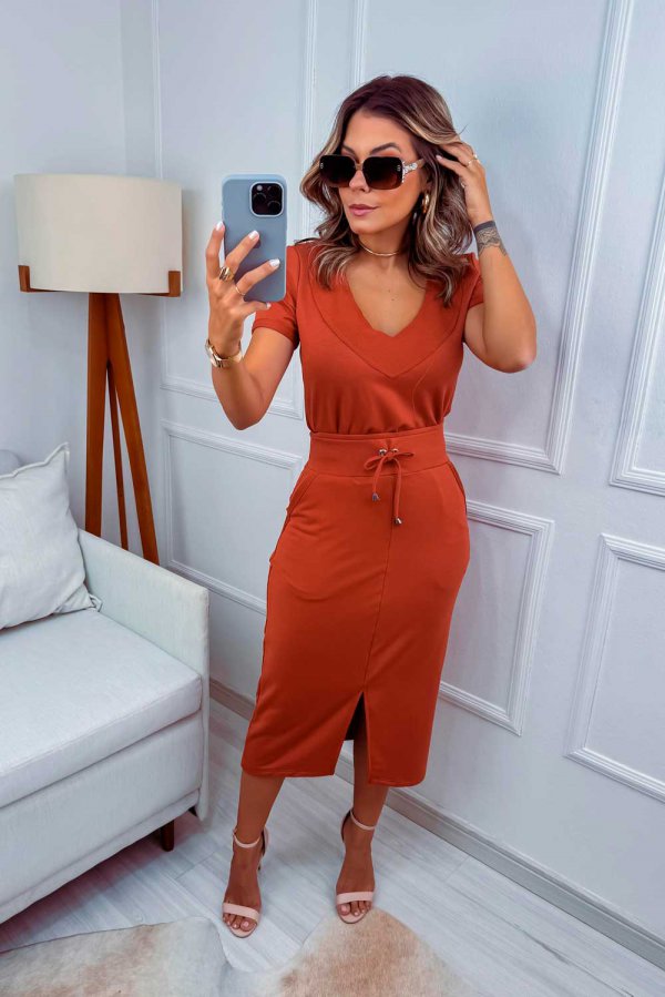 CONJUNTO DE MOLECOTTON COM SAIA MIDI FIFI TERRACOTA