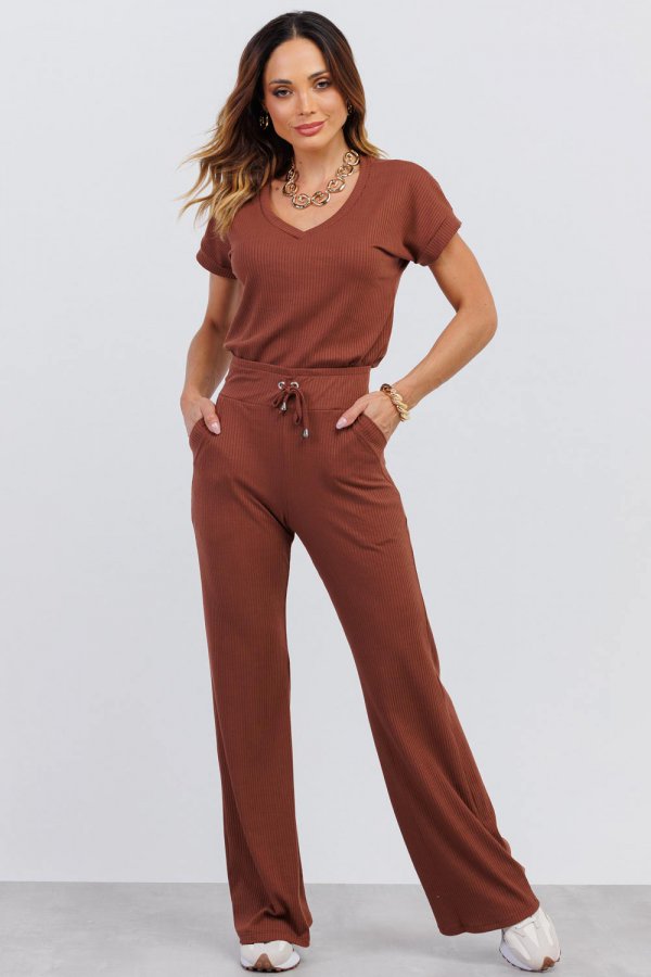 CONJUNTO FEMININO CANELADO MERY MARROM MOCHA MOUSSE