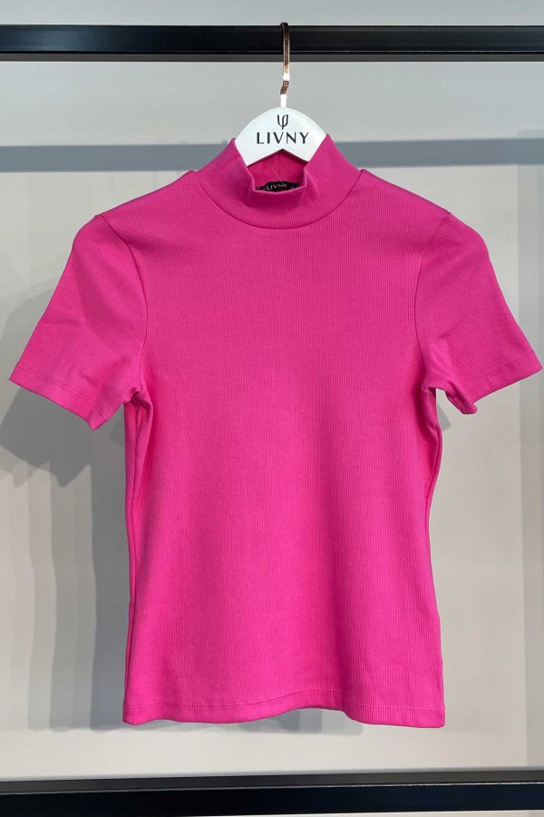 BLUSA FEMININA DE RIBANA COM GOLA ALTA MARGARIDA ROSA PINK