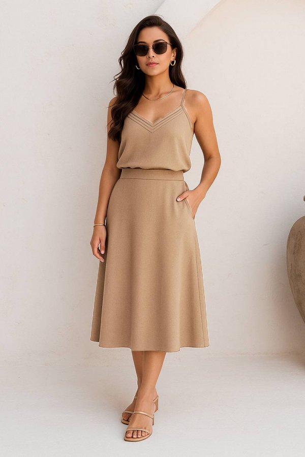 CONJUNTO FEMININO LINHO COM SAIA GOD SAMIA CAPPUCCINO