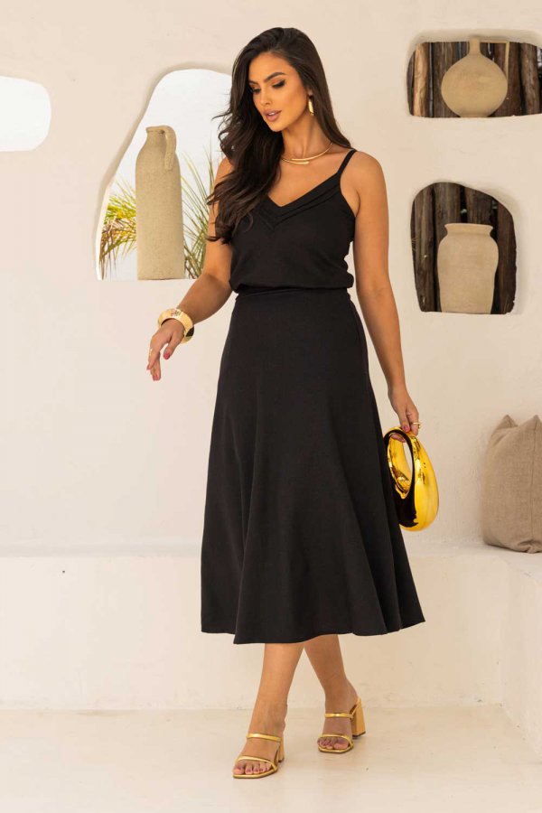 CONJUNTO FEMININO LINHO COM SAIA GOD SAMIA PRETO