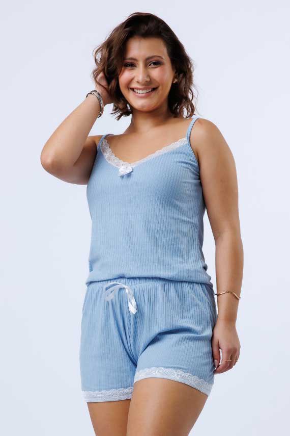 PIJAMA FEMININO CANELADO RUBIA AZUL