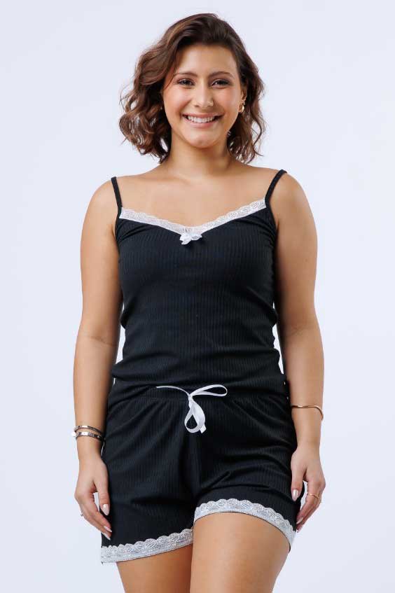 PIJAMA FEMININO CANELADO RUBIA PRETO