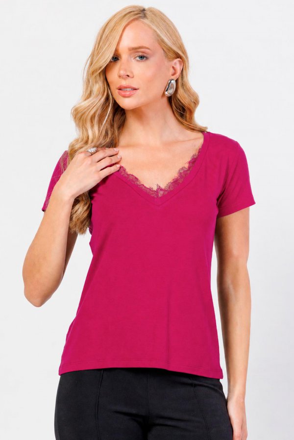BLUSA FEMININA VISCOLYCRA COM RENDA SIMONE ROSA PINK