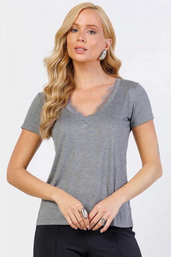 BLUSA FEMININA VISCOLYCRA COM RENDA SIMONE GRAFITE