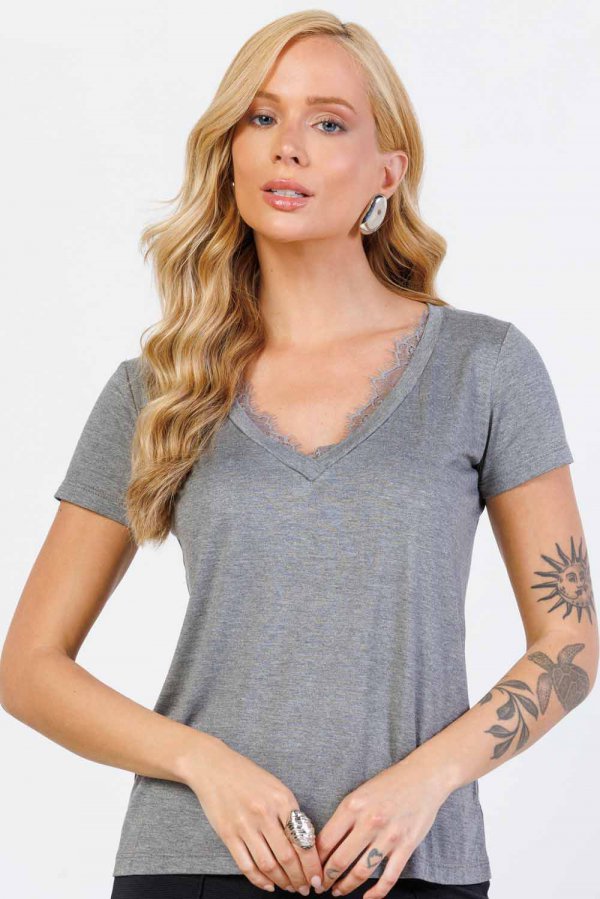 BLUSA FEMININA VISCOLYCRA COM RENDA SIMONE GRAFITE