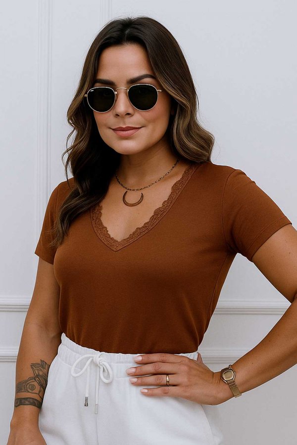 BLUSA FEMININA VISCOLYCRA COM RENDA SIMONE TERRACOTA