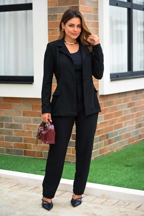 CONJUNTO FEMININO TWEED TEXTURIZADO KIMY PRETO