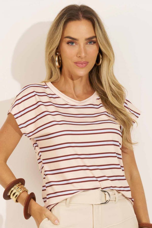 BLUSA FEMININA LISTRADA SIENA AMARELO COM MARROM