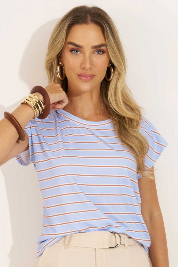 BLUSA FEMININA LISTRADA SIENA AZUL CLARO COM CAPUCCINO