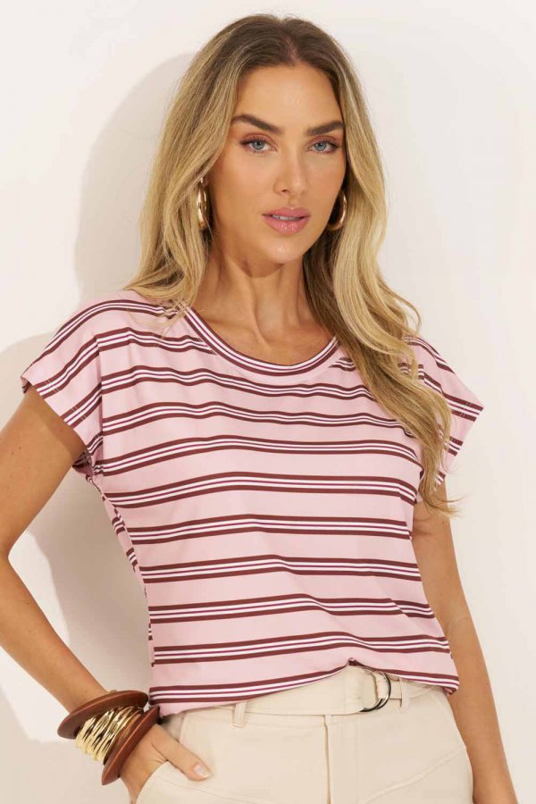 BLUSA FEMININA LISTRADA SIENA ROSE COM MARROM