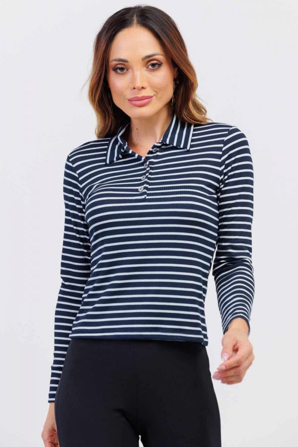 BLUSA FEMININA LISTRADA ANDREIA AZUL MARINHO